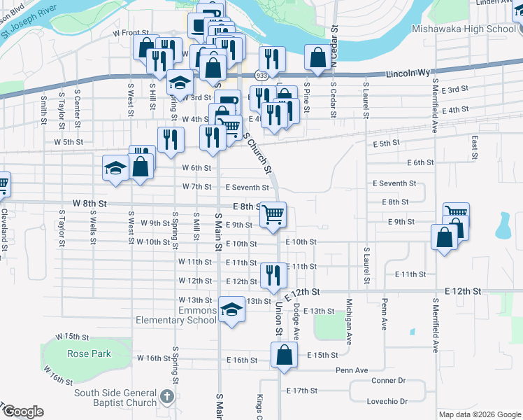 map of restaurants, bars, coffee shops, grocery stores, and more near 303 East 8th Street in Mishawaka