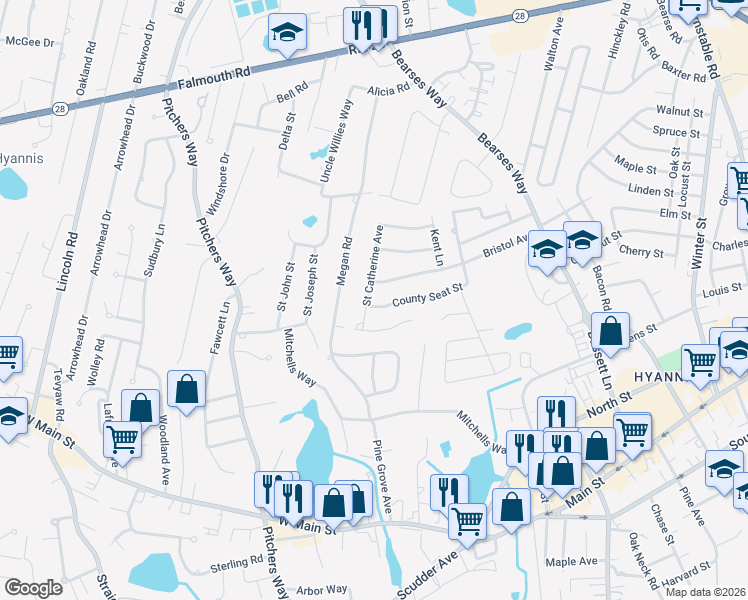 map of restaurants, bars, coffee shops, grocery stores, and more near 8 County Seat Street in Barnstable