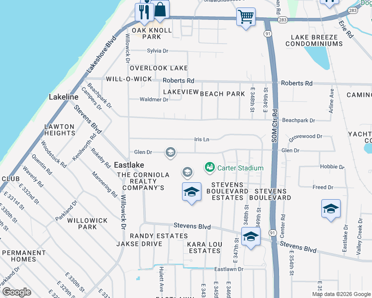 map of restaurants, bars, coffee shops, grocery stores, and more near 34225 Glen Drive in Eastlake
