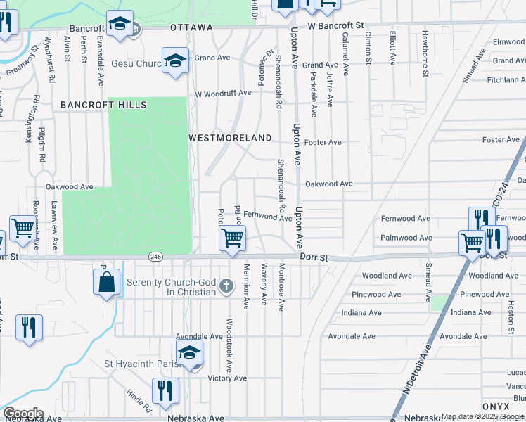 map of restaurants, bars, coffee shops, grocery stores, and more near 1954 Fernwood Avenue in Toledo