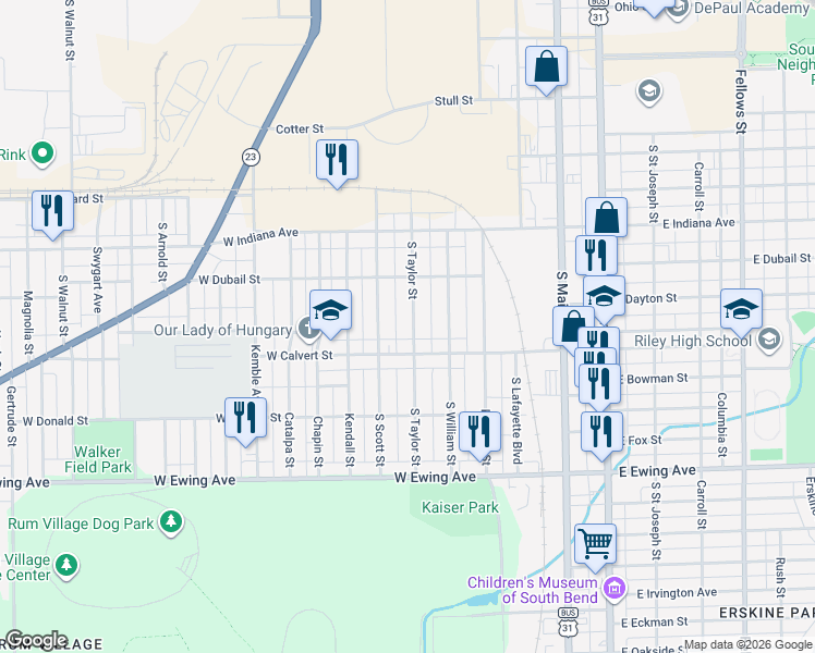map of restaurants, bars, coffee shops, grocery stores, and more near 1813 South Taylor Street in South Bend