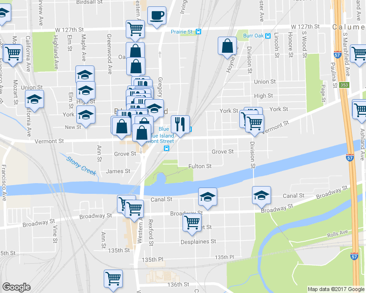map of restaurants, bars, coffee shops, grocery stores, and more near 13117 Irving Avenue in Blue Island