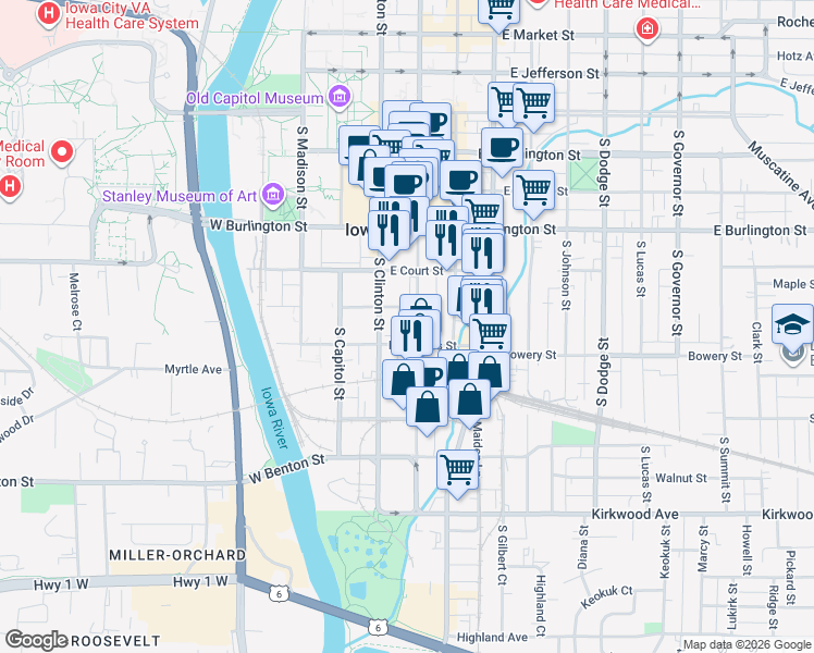 map of restaurants, bars, coffee shops, grocery stores, and more near 512 South Dubuque Street in Iowa City