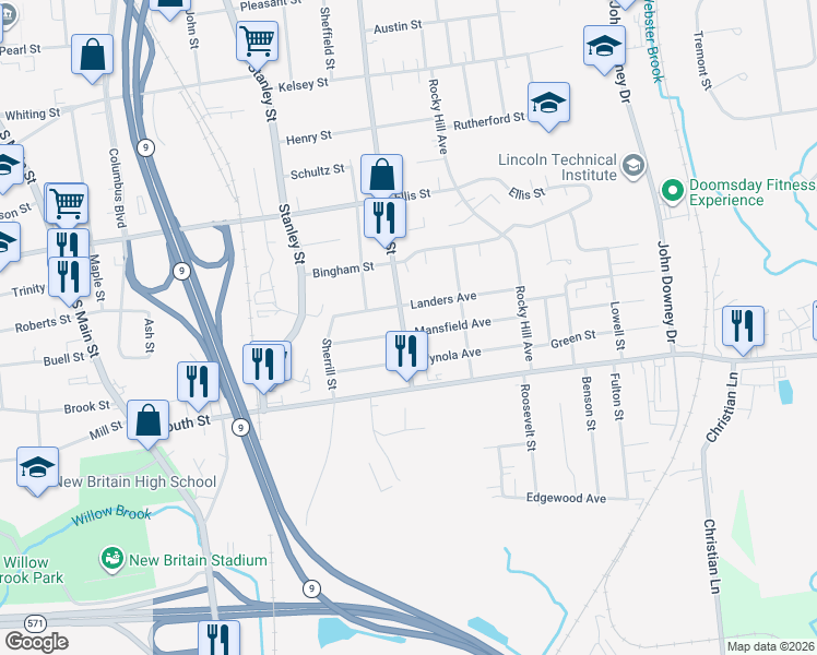 map of restaurants, bars, coffee shops, grocery stores, and more near 63 East Street in New Britain