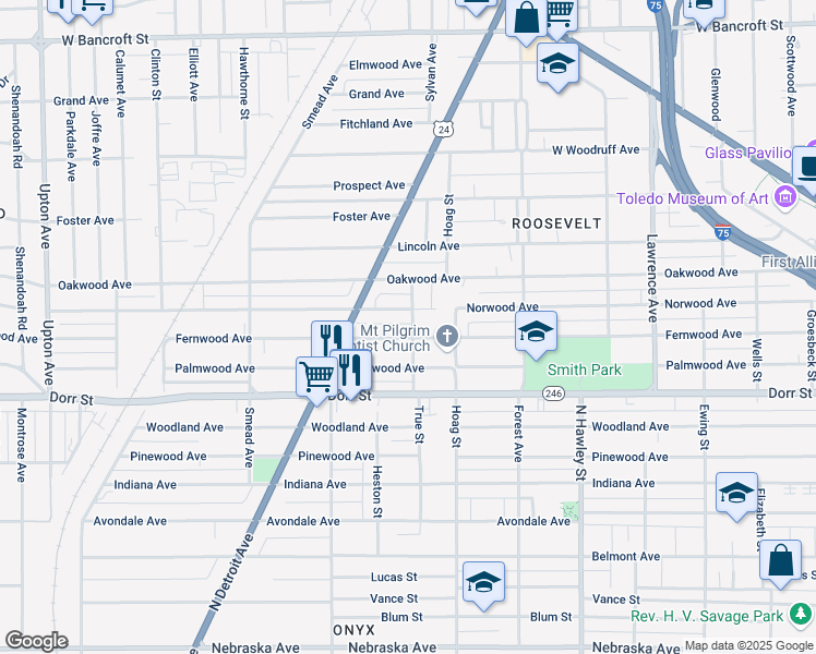map of restaurants, bars, coffee shops, grocery stores, and more near 1511 Bell Avenue in Toledo