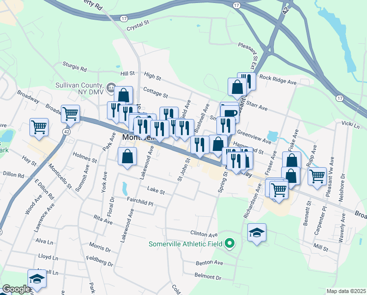 map of restaurants, bars, coffee shops, grocery stores, and more near 5 Bank Street in Monticello
