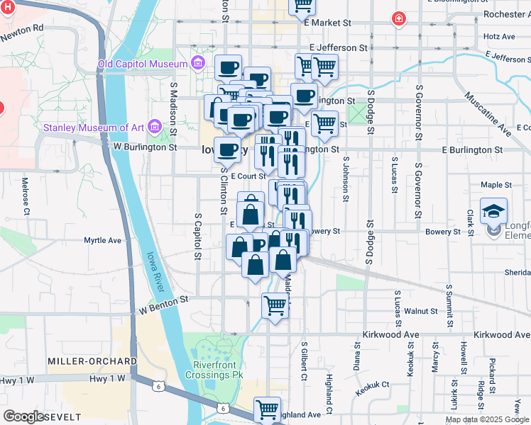 map of restaurants, bars, coffee shops, grocery stores, and more near 517 South Linn Street in Iowa City