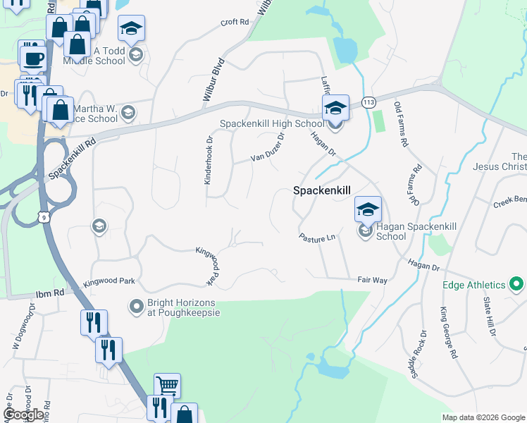 map of restaurants, bars, coffee shops, grocery stores, and more near 16 Manor Way in Poughkeepsie