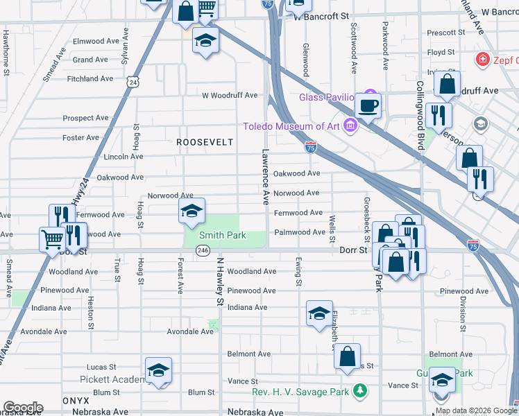 map of restaurants, bars, coffee shops, grocery stores, and more near 908 Fernwood Avenue in Toledo