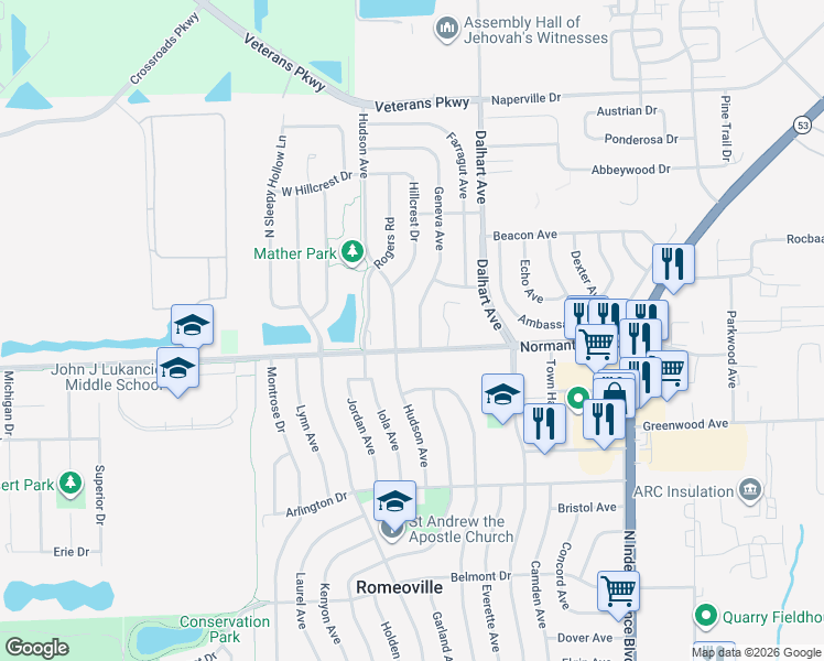 map of restaurants, bars, coffee shops, grocery stores, and more near 704 Geneva Avenue in Romeoville