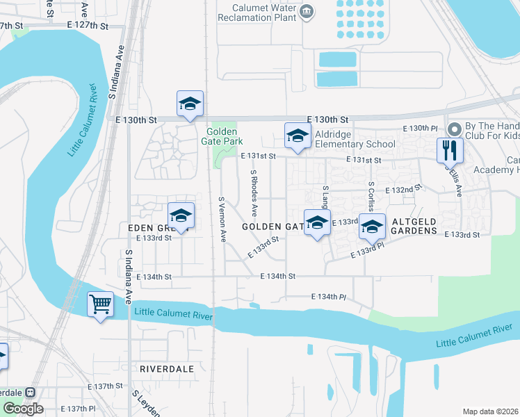 map of restaurants, bars, coffee shops, grocery stores, and more near 13213 South Rhodes Avenue in Chicago