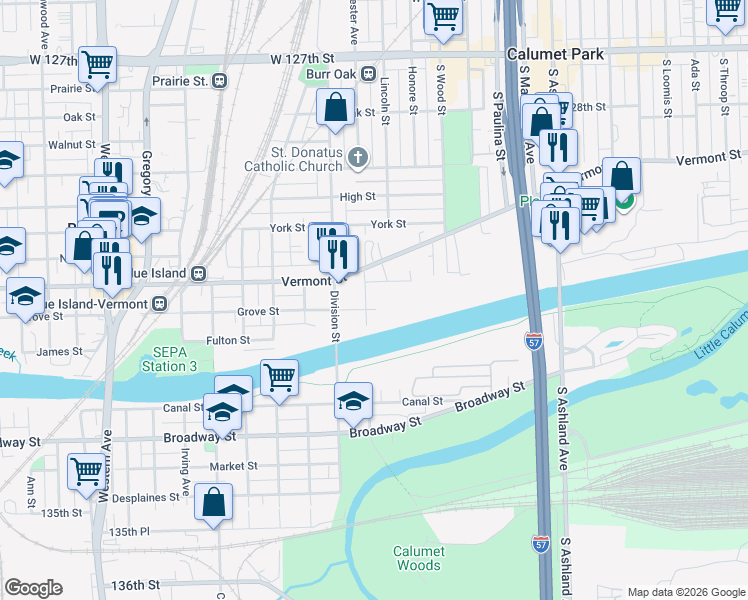 map of restaurants, bars, coffee shops, grocery stores, and more near 1938 Grove Street in Blue Island