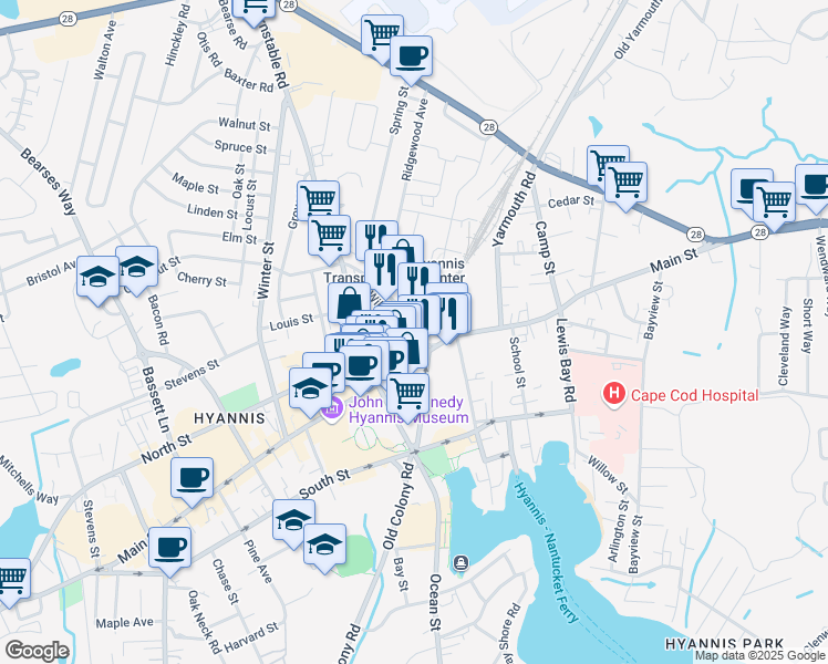 map of restaurants, bars, coffee shops, grocery stores, and more near 110 Center Street in Barnstable