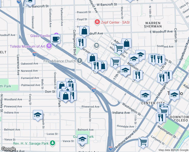 map of restaurants, bars, coffee shops, grocery stores, and more near 1928 Brookwood Avenue in Toledo