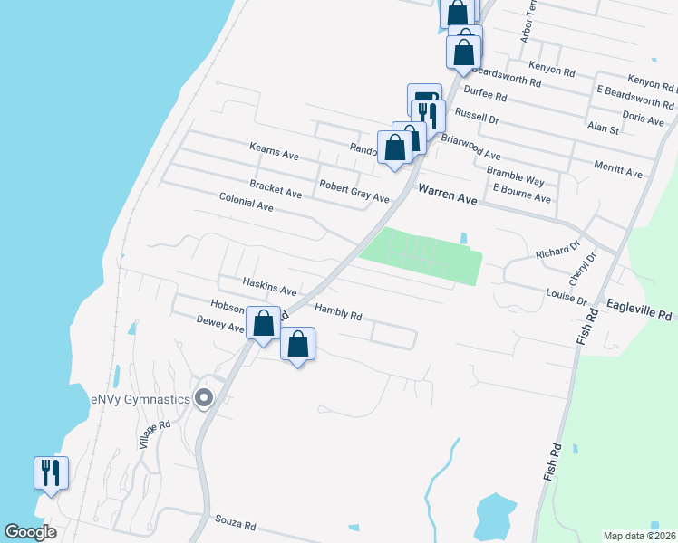 map of restaurants, bars, coffee shops, grocery stores, and more near 8 Pocasset Avenue in Tiverton