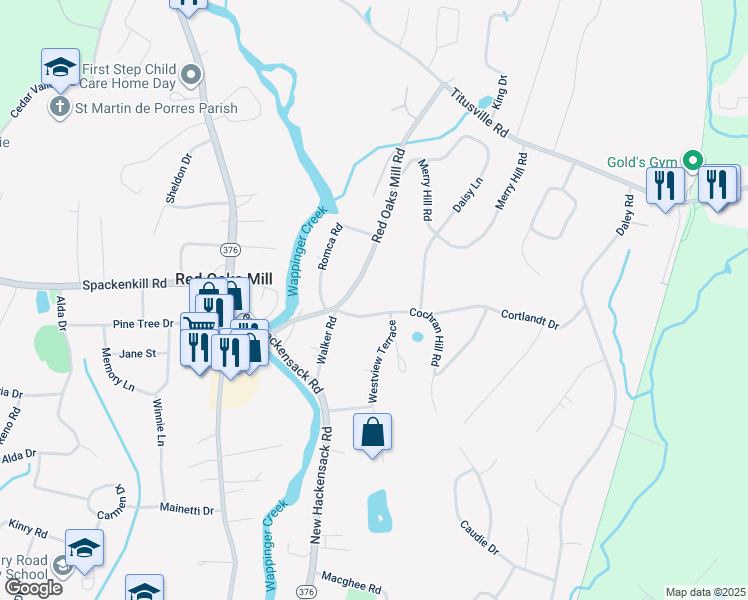 map of restaurants, bars, coffee shops, grocery stores, and more near 33 Red Oaks Mill Road in Poughkeepsie