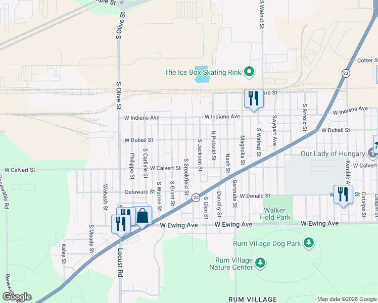 map of restaurants, bars, coffee shops, grocery stores, and more near 1724 South Brookfield Street in South Bend