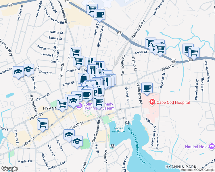 map of restaurants, bars, coffee shops, grocery stores, and more near 242 Main Street in Barnstable