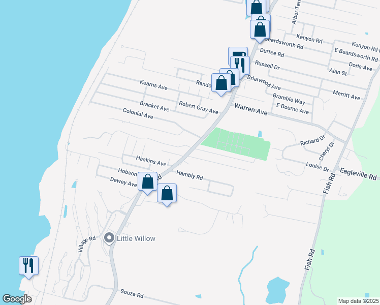 map of restaurants, bars, coffee shops, grocery stores, and more near 8 Pocasset Avenue in Tiverton