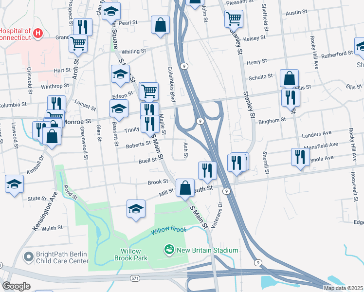 map of restaurants, bars, coffee shops, grocery stores, and more near 9 Vega Street in New Britain