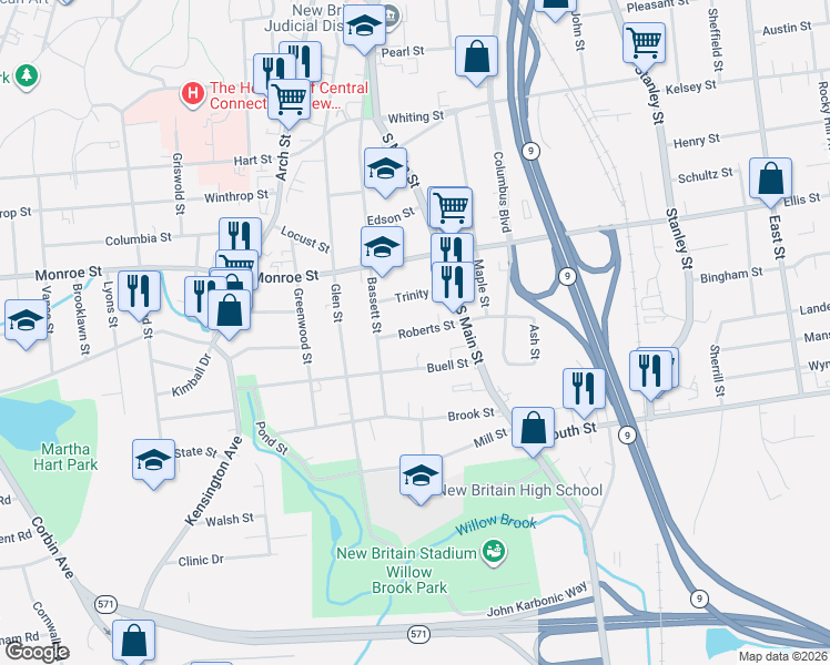 map of restaurants, bars, coffee shops, grocery stores, and more near 30 Roberts Street in New Britain
