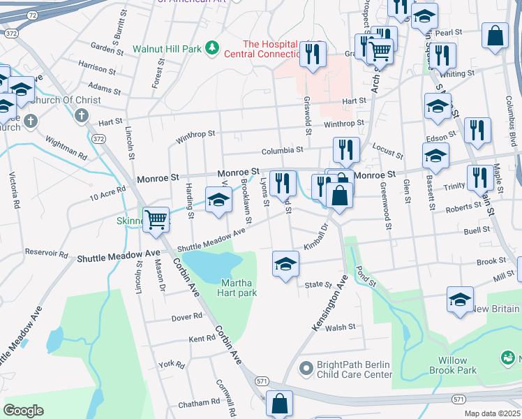 map of restaurants, bars, coffee shops, grocery stores, and more near 58 Brooklawn Street in New Britain