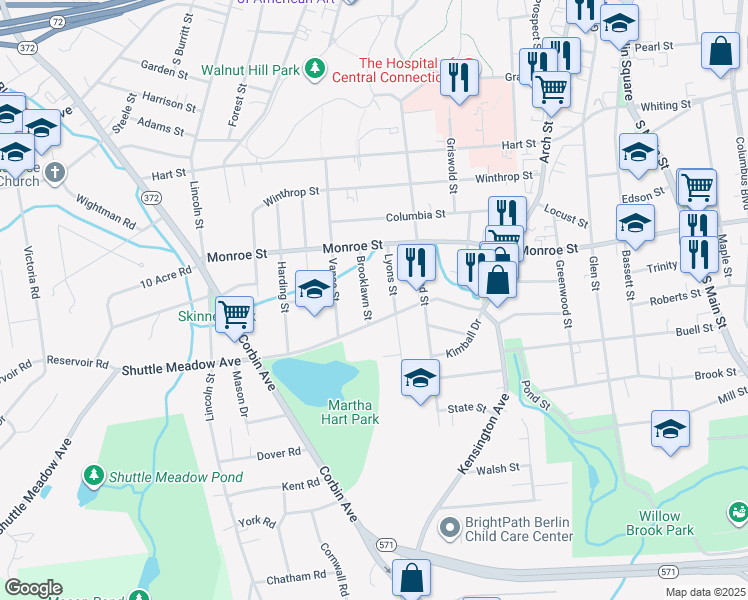 map of restaurants, bars, coffee shops, grocery stores, and more near 58 Brooklawn Street in New Britain