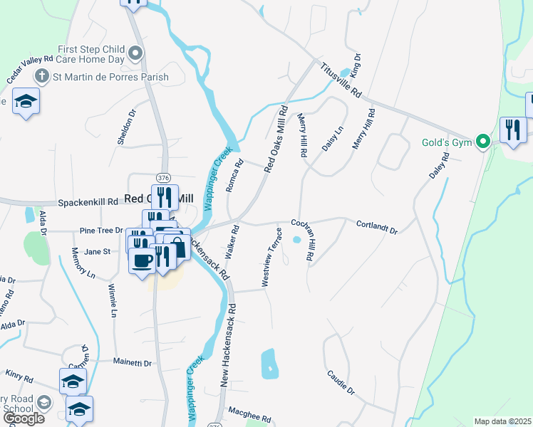 map of restaurants, bars, coffee shops, grocery stores, and more near 33 Red Oaks Mill Road in Poughkeepsie