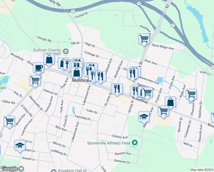 map of restaurants, bars, coffee shops, grocery stores, and more near 5 Bank Street in Monticello