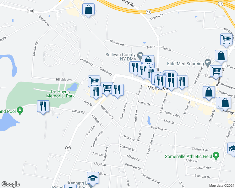 map of restaurants, bars, coffee shops, grocery stores, and more near 10 Wood Avenue in Monticello