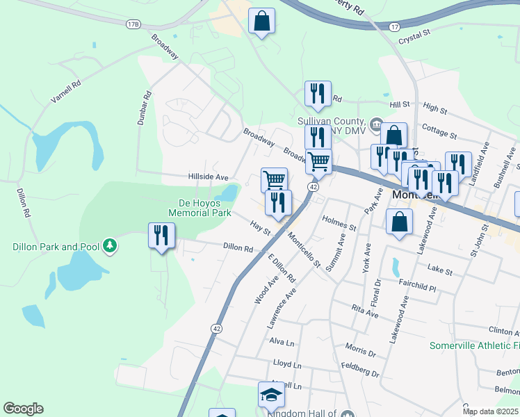 map of restaurants, bars, coffee shops, grocery stores, and more near 13 Pine Street in Monticello