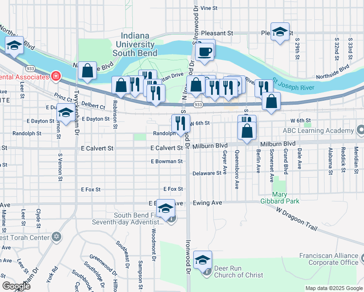 map of restaurants, bars, coffee shops, grocery stores, and more near 1933 East Calvert Street in South Bend