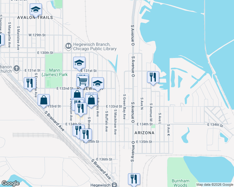 map of restaurants, bars, coffee shops, grocery stores, and more near 13200 South Green Bay Avenue in Chicago
