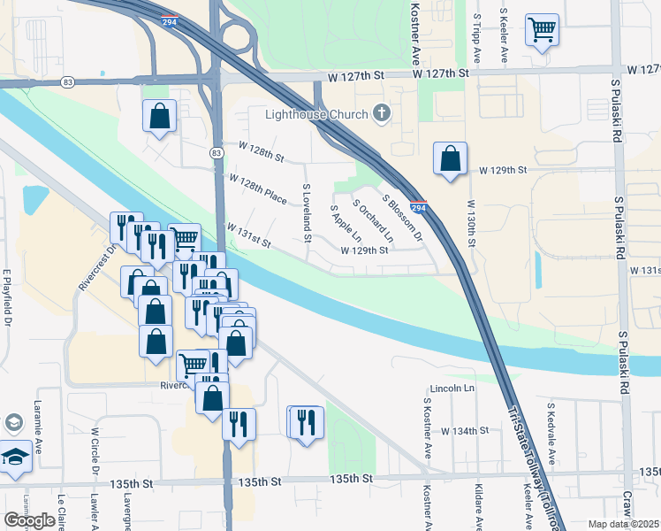 map of restaurants, bars, coffee shops, grocery stores, and more near 4654 West 131st Street in Alsip