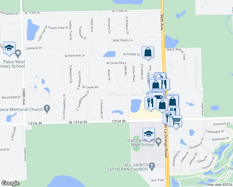 map of restaurants, bars, coffee shops, grocery stores, and more near 9803 West Creek Road in Palos Park