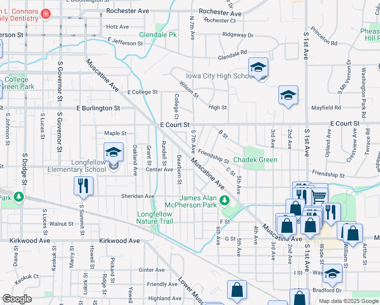 map of restaurants, bars, coffee shops, grocery stores, and more near 1622 Muscatine Avenue in Iowa City