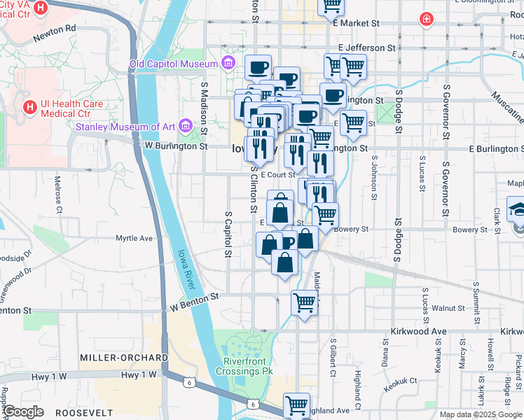 map of restaurants, bars, coffee shops, grocery stores, and more near 510 South Clinton Street in Iowa City