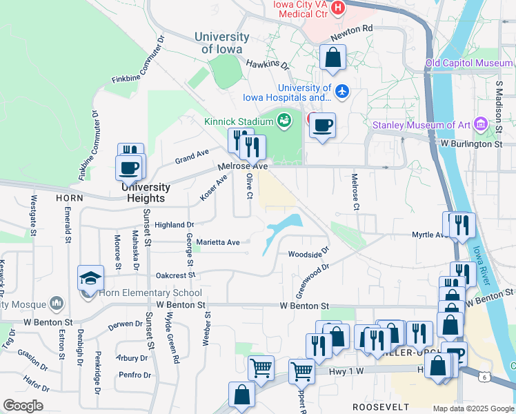 map of restaurants, bars, coffee shops, grocery stores, and more near 788 Woodside Drive in Iowa City
