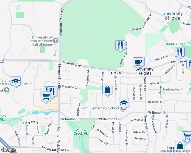 map of restaurants, bars, coffee shops, grocery stores, and more near 5 Gilmore Court in Iowa City