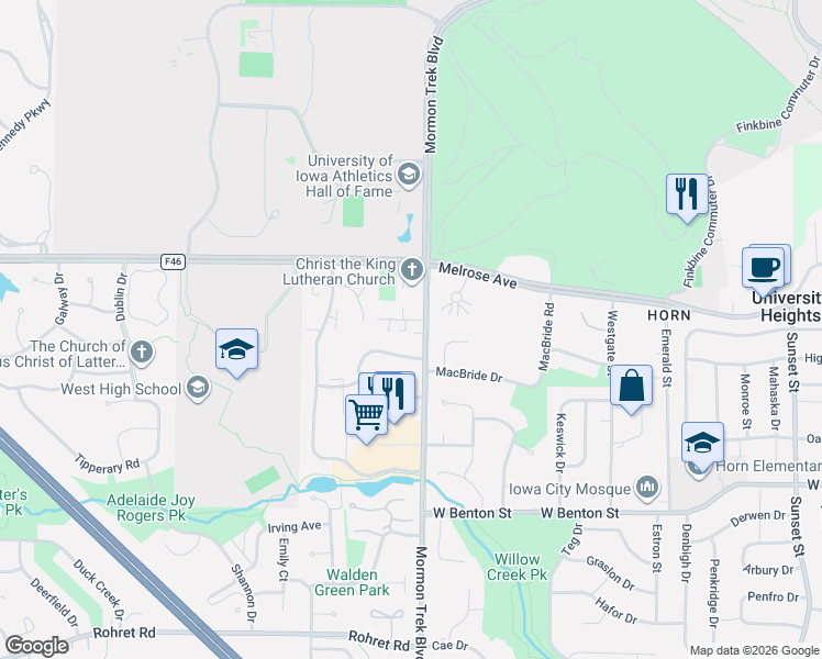 map of restaurants, bars, coffee shops, grocery stores, and more near 2427 Petsel Place in Iowa City
