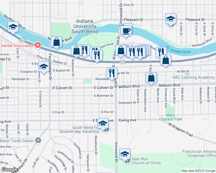 map of restaurants, bars, coffee shops, grocery stores, and more near 1933 East Calvert Street in South Bend