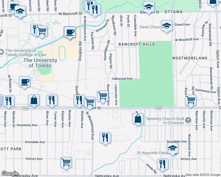 map of restaurants, bars, coffee shops, grocery stores, and more near 1520 Roosevelt Ave in Toledo