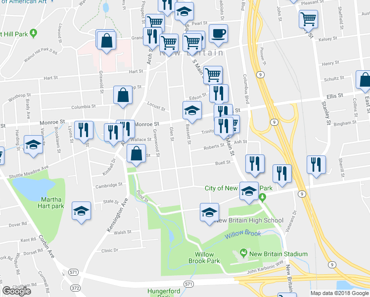 map of restaurants, bars, coffee shops, grocery stores, and more near 217 Bassett St in New Britain