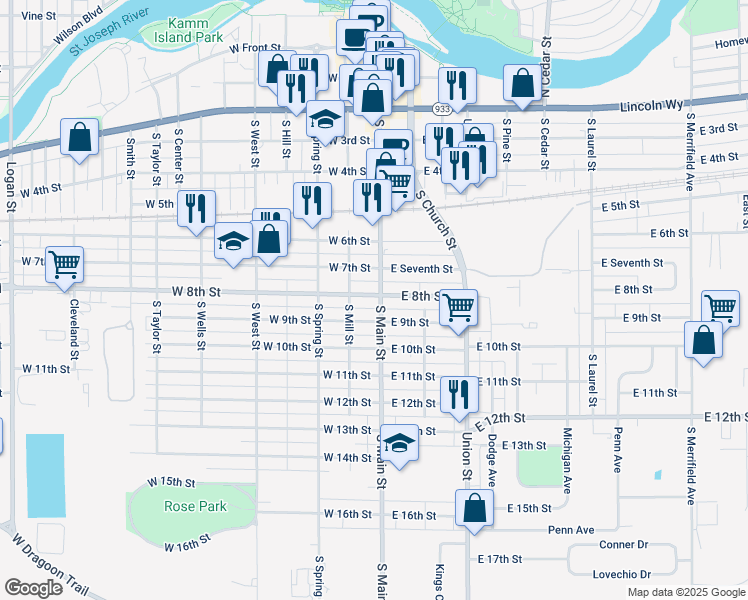 map of restaurants, bars, coffee shops, grocery stores, and more near 701 South Main Street in Mishawaka