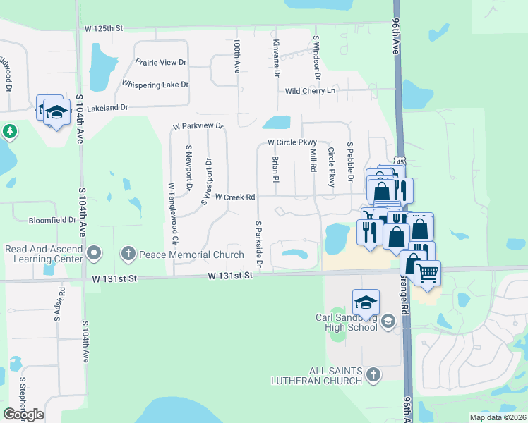 map of restaurants, bars, coffee shops, grocery stores, and more near 12921 South Parkside Drive in Palos Park