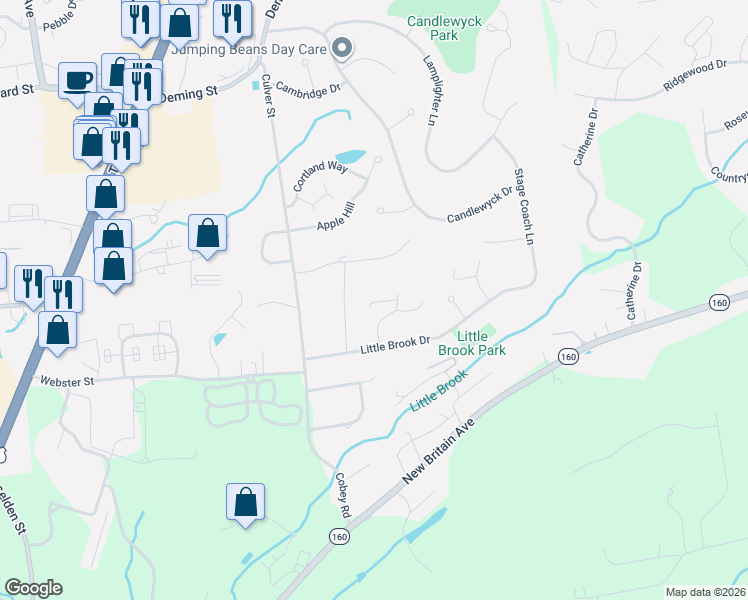map of restaurants, bars, coffee shops, grocery stores, and more near 24 Kowal Court in Newington