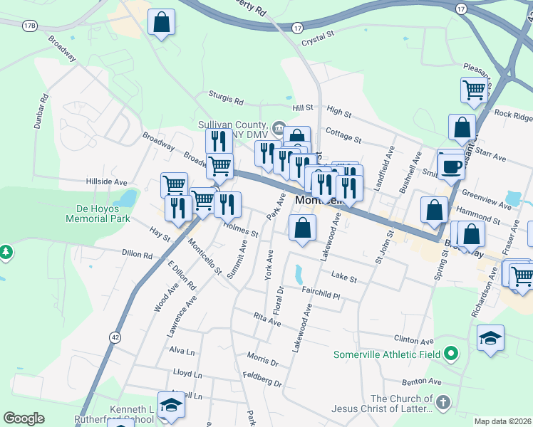 map of restaurants, bars, coffee shops, grocery stores, and more near 7 Osborne Street in Monticello