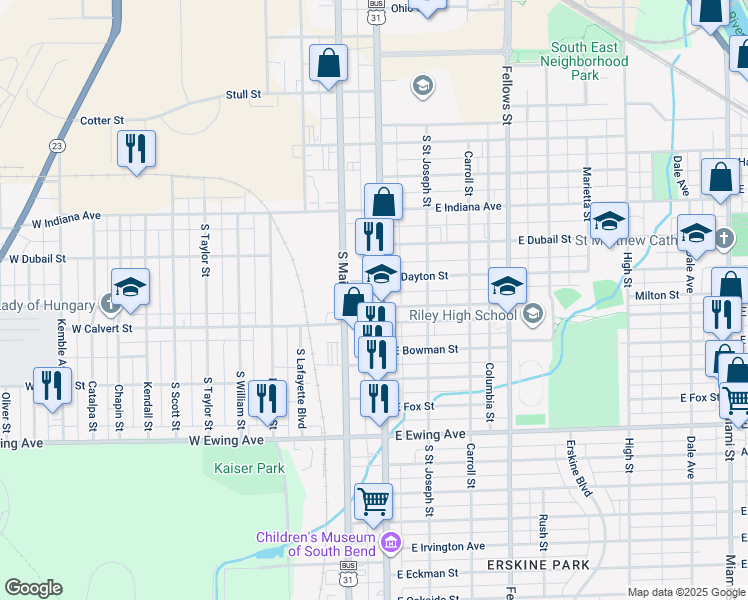 map of restaurants, bars, coffee shops, grocery stores, and more near 1817 South Michigan Street in South Bend