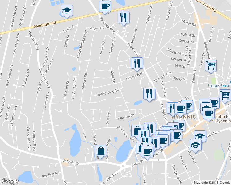 map of restaurants, bars, coffee shops, grocery stores, and more near 89 County Seat Street in Barnstable