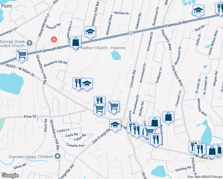 map of restaurants, bars, coffee shops, grocery stores, and more near 105 Dunns Pond Road in Barnstable